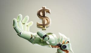 Une main de robot Chat-GPT cherchant un signe dollar, automatisant le processus pour gagner de l'argent sans effort.
