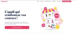 La page d'accueil d'un site Web au design rose et rose présentant Shopmium, une application qui offre des remises en argent sur les achats d'épicerie ainsi que des critiques et des tutoriels.