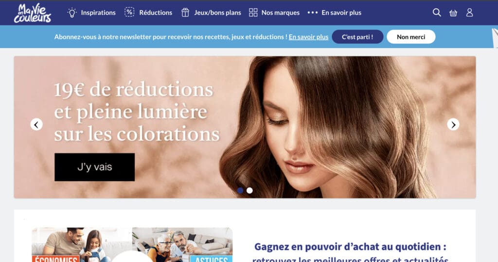 Un site Web présentant des coupons et des offres Ma vie en couleurs sur les produits capillaires et de beauté pour femmes.