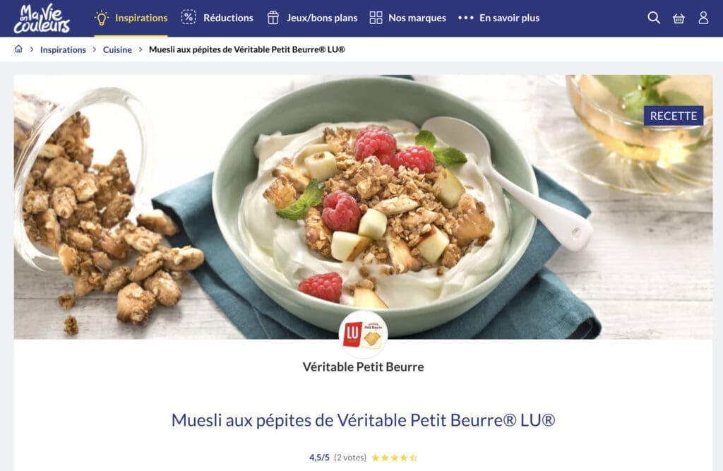 Un site Web présentant une photo de granola et proposant des coupons et des réductions.